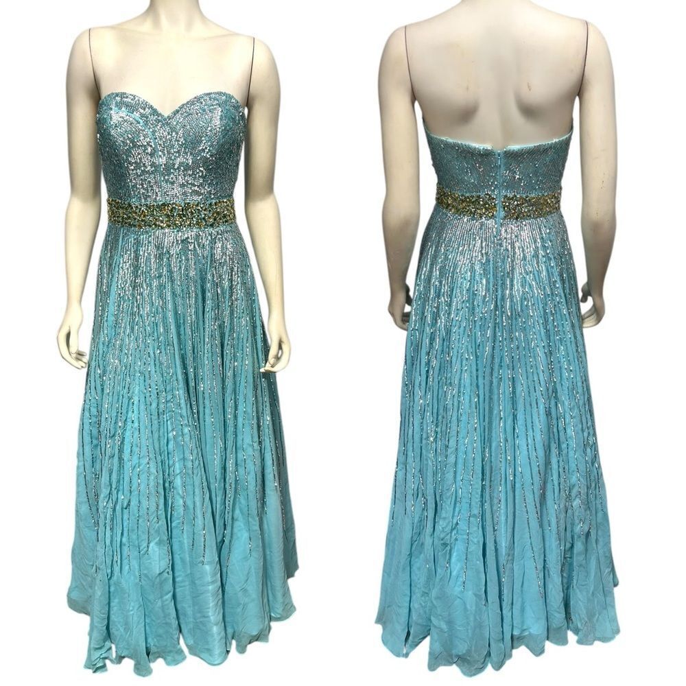 Sherri Hill 100% Silk Light Blue Gown with Sequins Strapless Prom Dress Size 8
